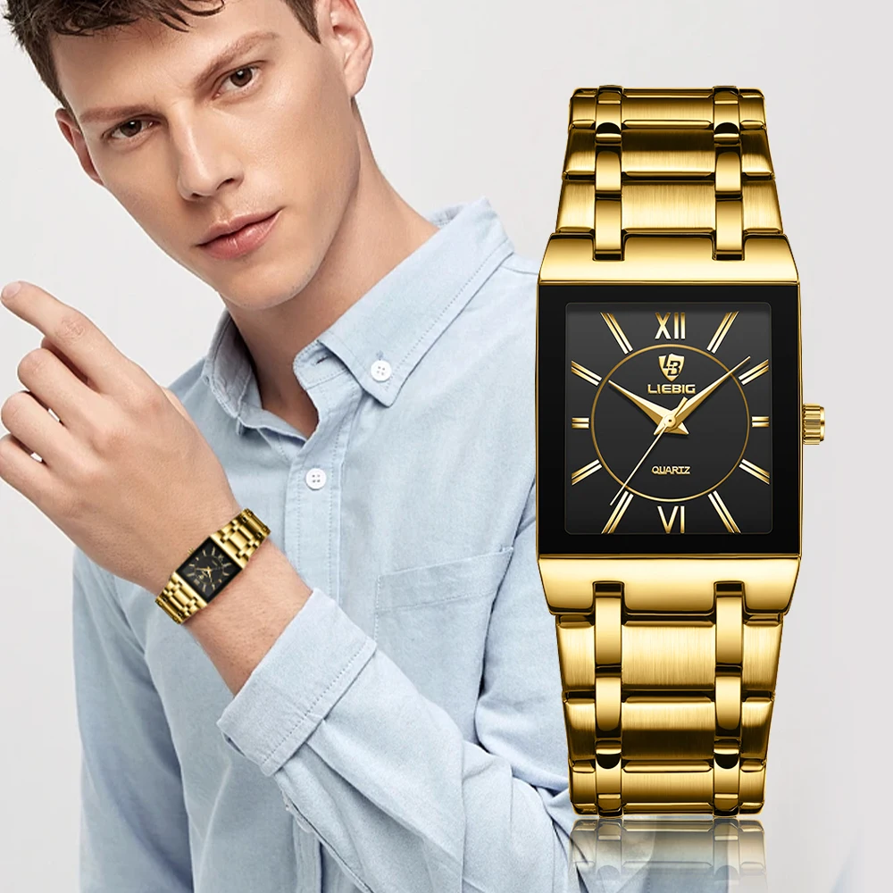 LIEBIG Luxury Quartz Wristwatches For Women Men Business Watch Simple Design Black Gold Stainless Steel Waterproof Quartz Clock