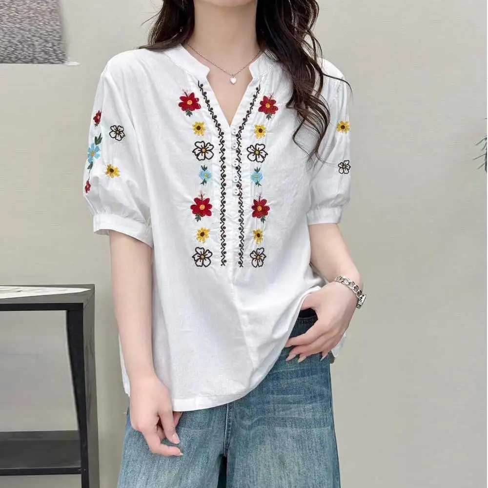 

Sweet Mori Girl Ethnic Style Flower Embroidery Shirts Women Japanese Summer V-Neck Short Sleeve Casual Loose Blouse Tops