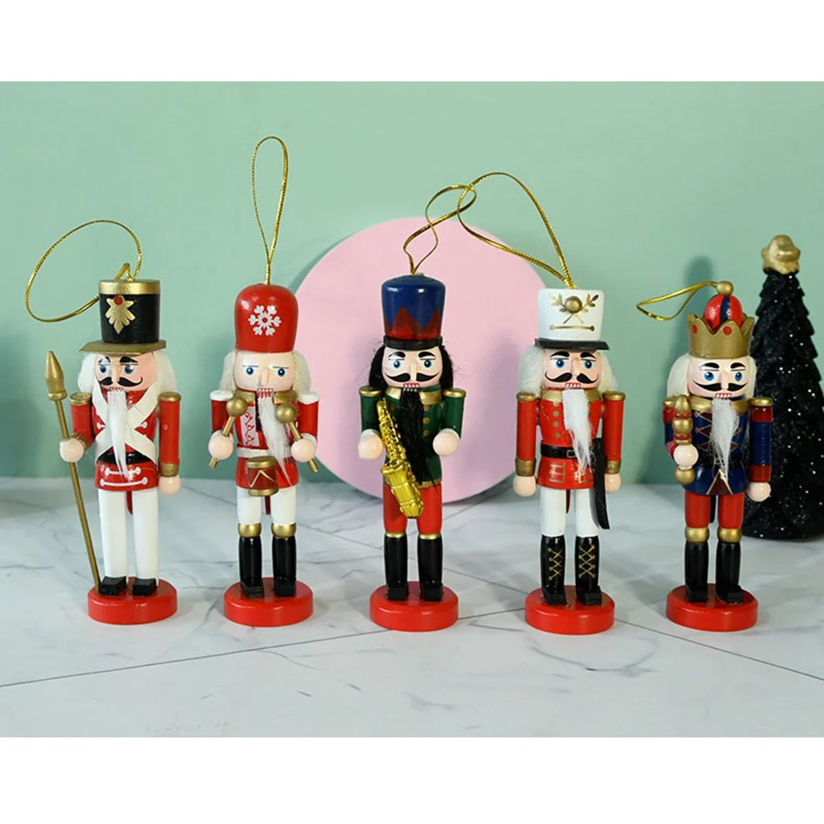 A95G 5Pc/Set Christmas Nutcracker Wooden Ornaments Saxophone Soldiers Manual Decorations 13Cm Christmas Tree Decoration