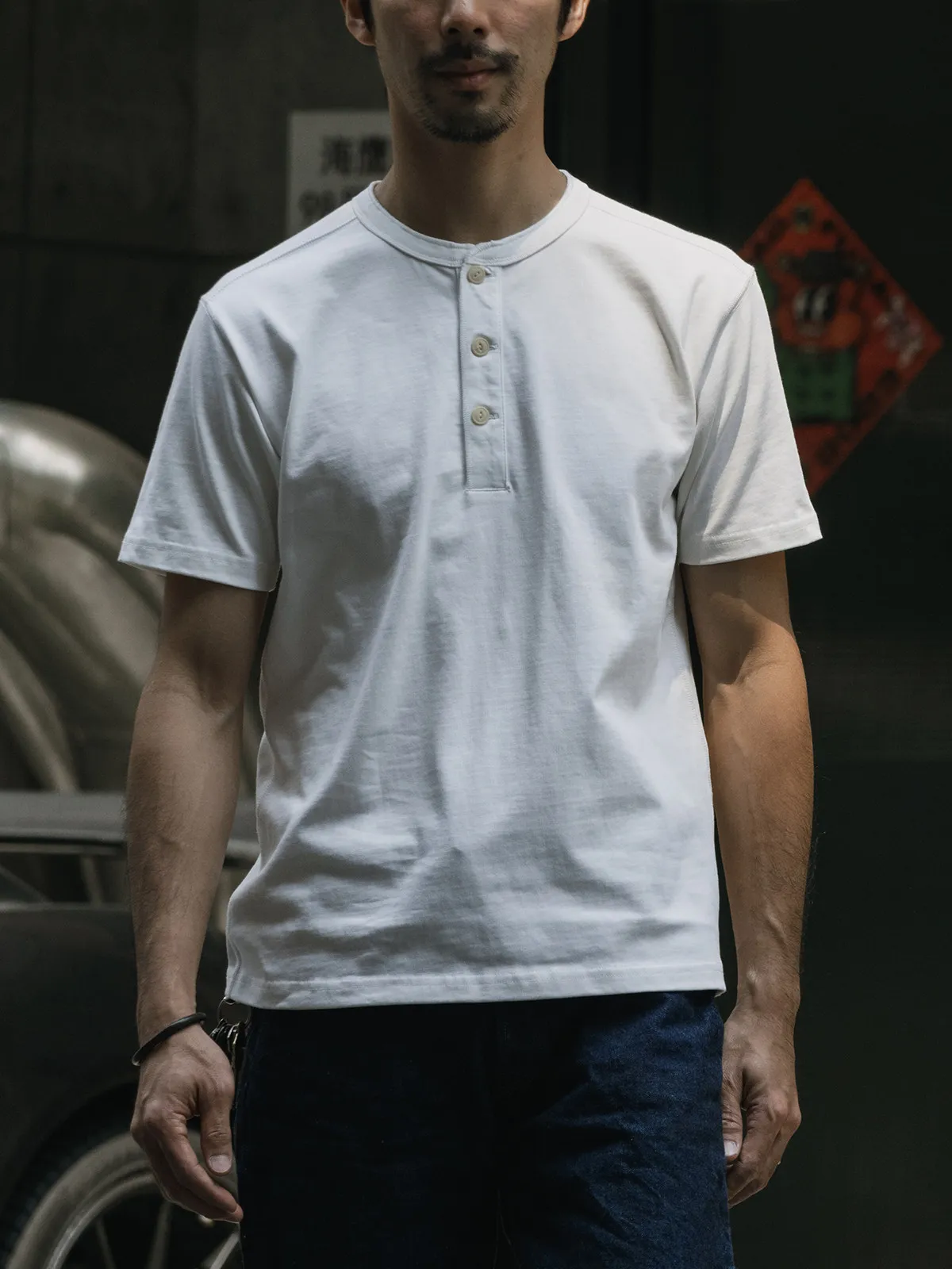 BRONSON Double-Weave Heavyweight 100% Cotton Henley Short-Sleeve T-Shirt Unisex Vintage Crewneck Solid Color Base Layer
