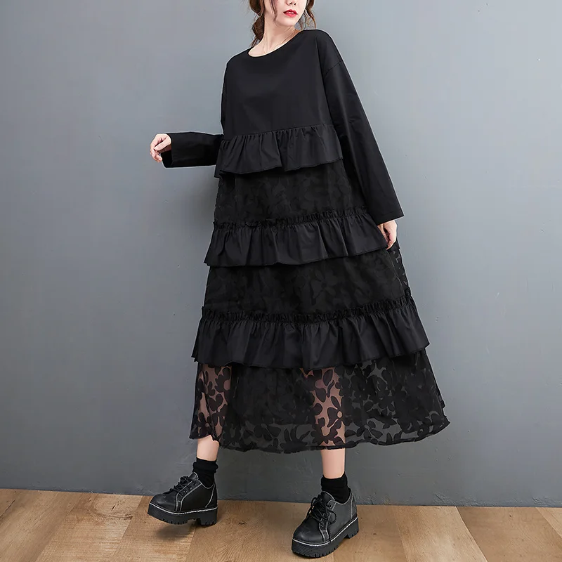 #4077 Spring Summer Black Spliced Mesh Ruffles Dresses Ladies A-line Loose O-neck Korean Style Midi Irregular Dress Long Sleeve