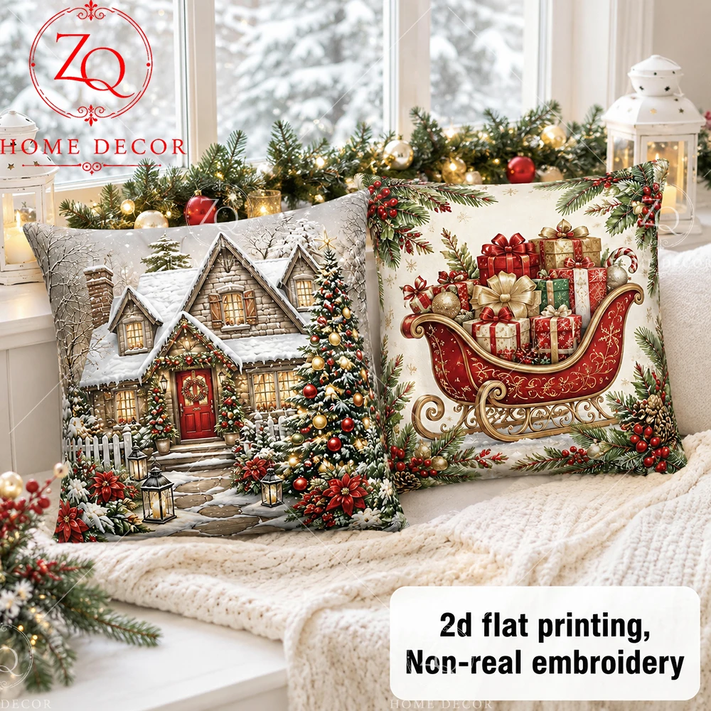 Christmas Pillow Covers  Xmas Vintage Snowy Cottage Santa Sleigh Decorative Throw Pillow Cases For Sofa Bedroom