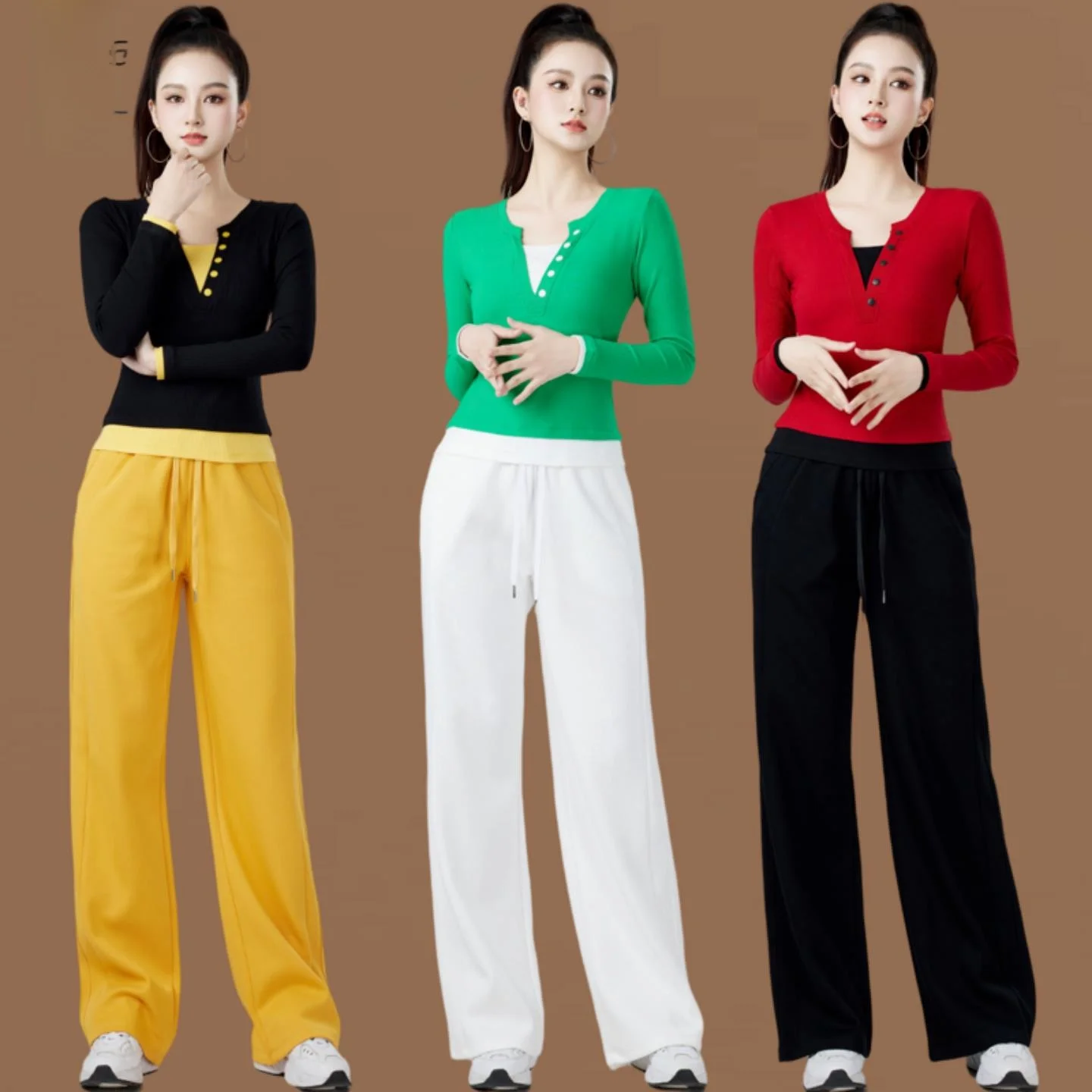 women's-fitness-square-dance-set-v-neck-slim-straight-leg-pants-step-dance-exercise-cotton-long-pants-sport-two-piece-suit
