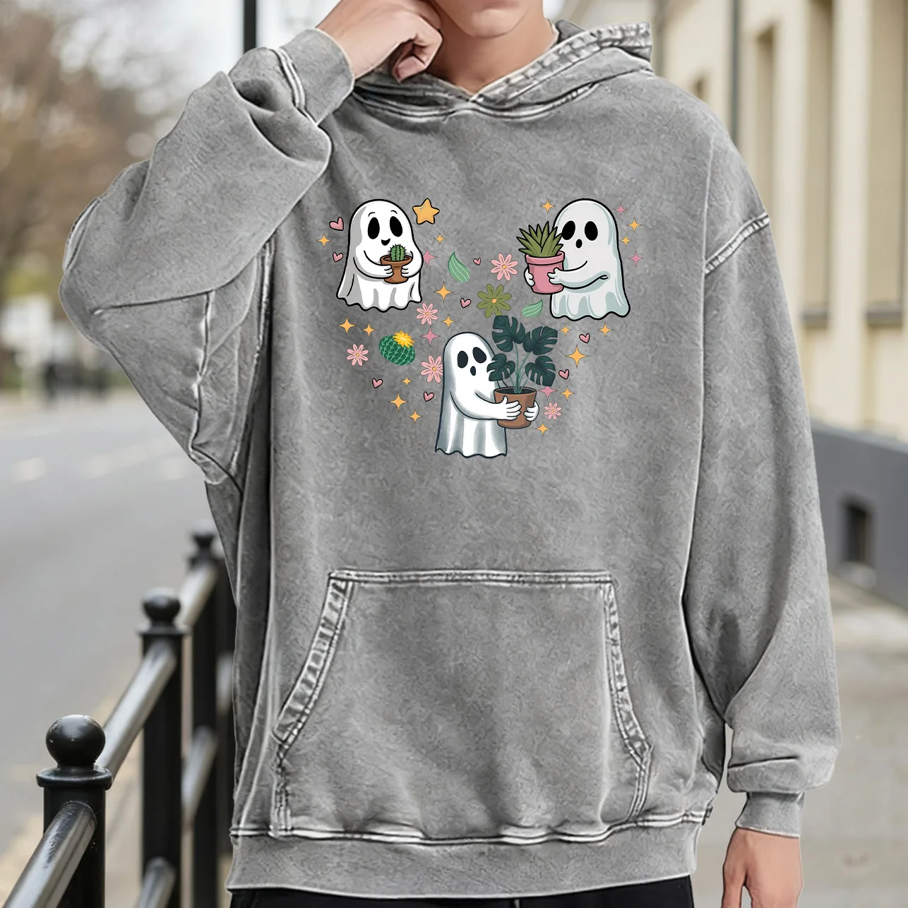 سترة بغطاء للرأس برسومات مغسولة كلاسيكية للرجال من The Ghost Holding the Plant، بلوفر ريترو متعثر، سترة كاجوال ملابس الشارع