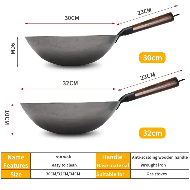 Non-coating Iron Wok Chinese Traditional Handmade Wok For Kitchen Pan Wooden Handle For Gas Cookware 1 to 2 People