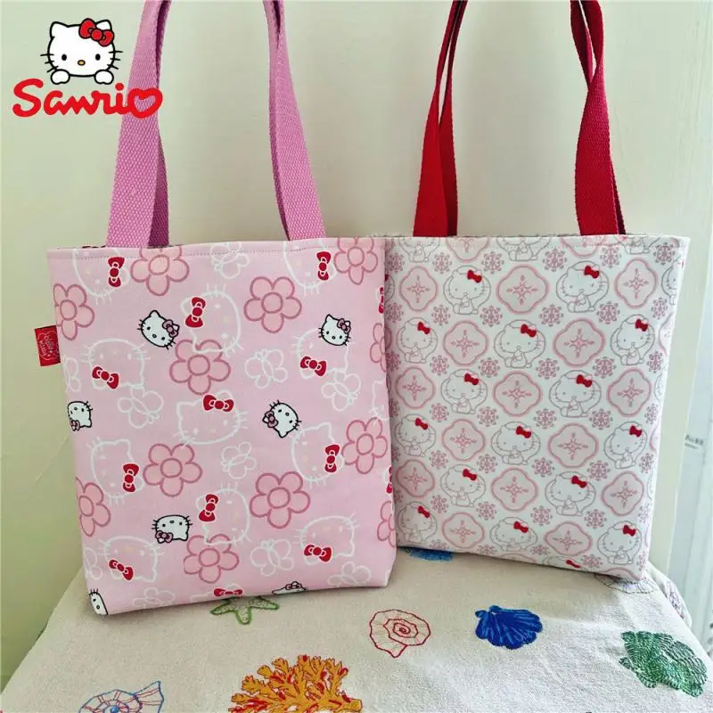 

Kawaii Cartoon Hello Kitty Handbag Anime Fashion Trends Cotton Printed Embroidered Bow Girl Shoulder Bag Birthday Gift for Girls