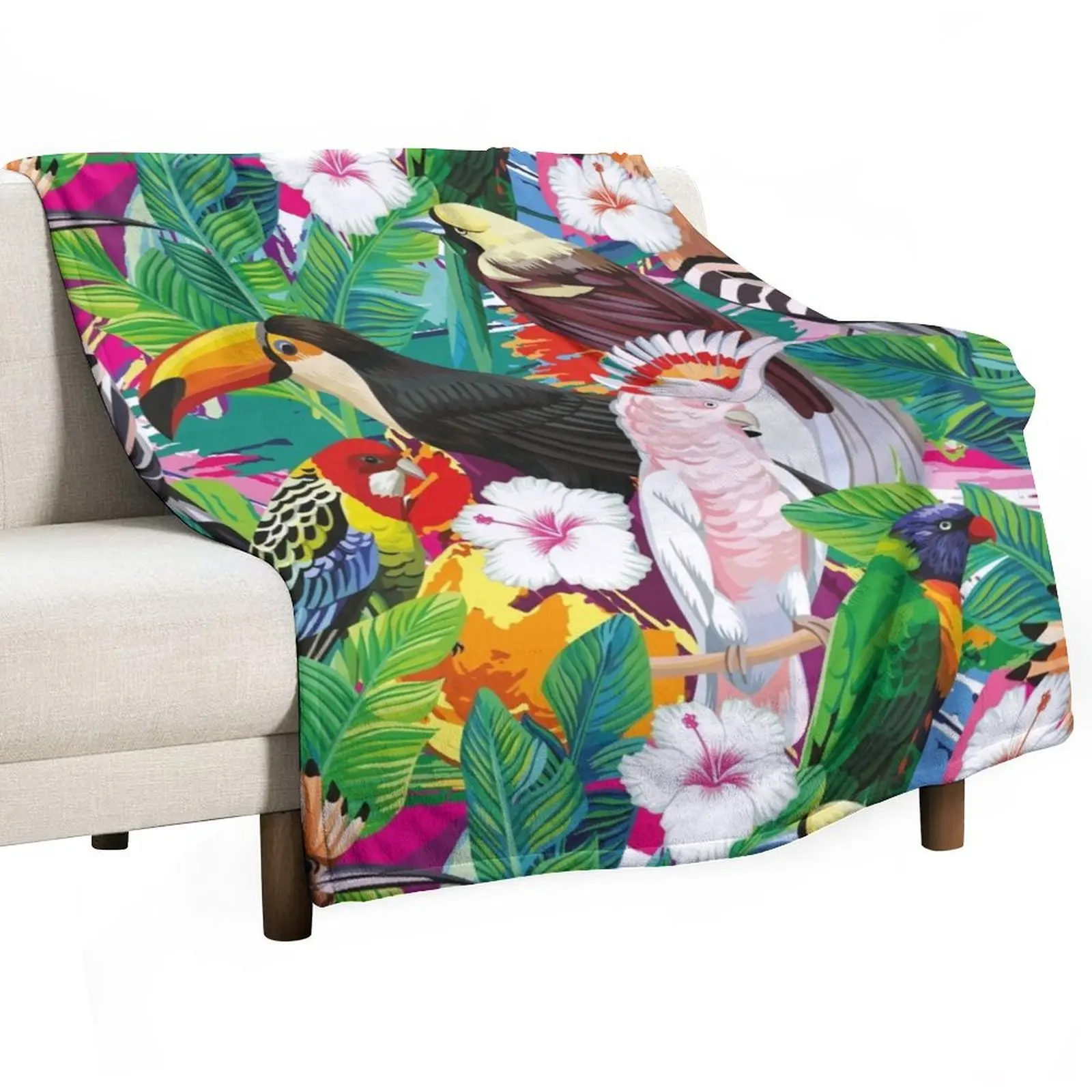 Seamless Composition Tropical Bird Toucan Parrot Hoopoe Palm Leaves Throw Blanket Beautifuls Comforter Blankets