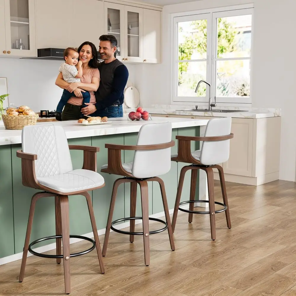 زوج من 26 مقعدًا دوارًا من جلد البولي يوريثان بأذرع، باللون الأبيض، لطاولة المطبخ الحديثة أو الجزيرة