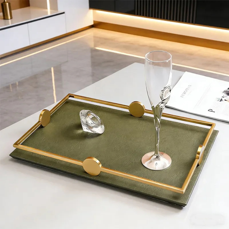 Luxury Leather Metal Tray for Living Room Entrance Decor Modern Home Soft Decoration Ornament Dining Table Storage Box Model
