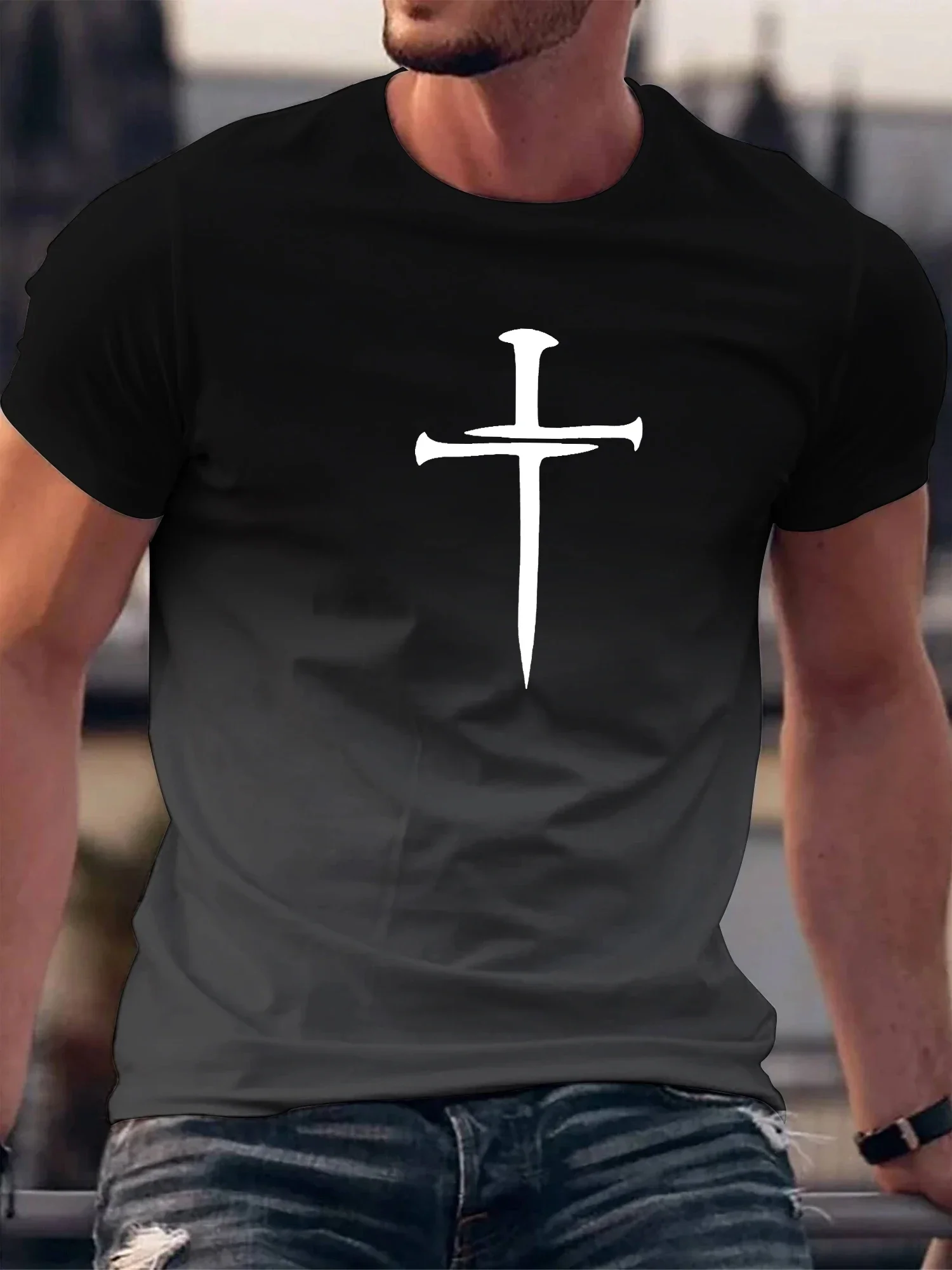 New Christian Cross Pattern Print Men\'s Comfy O-Neck T-shirt Graphic Tee Summer Clothes Outfits T Shirts