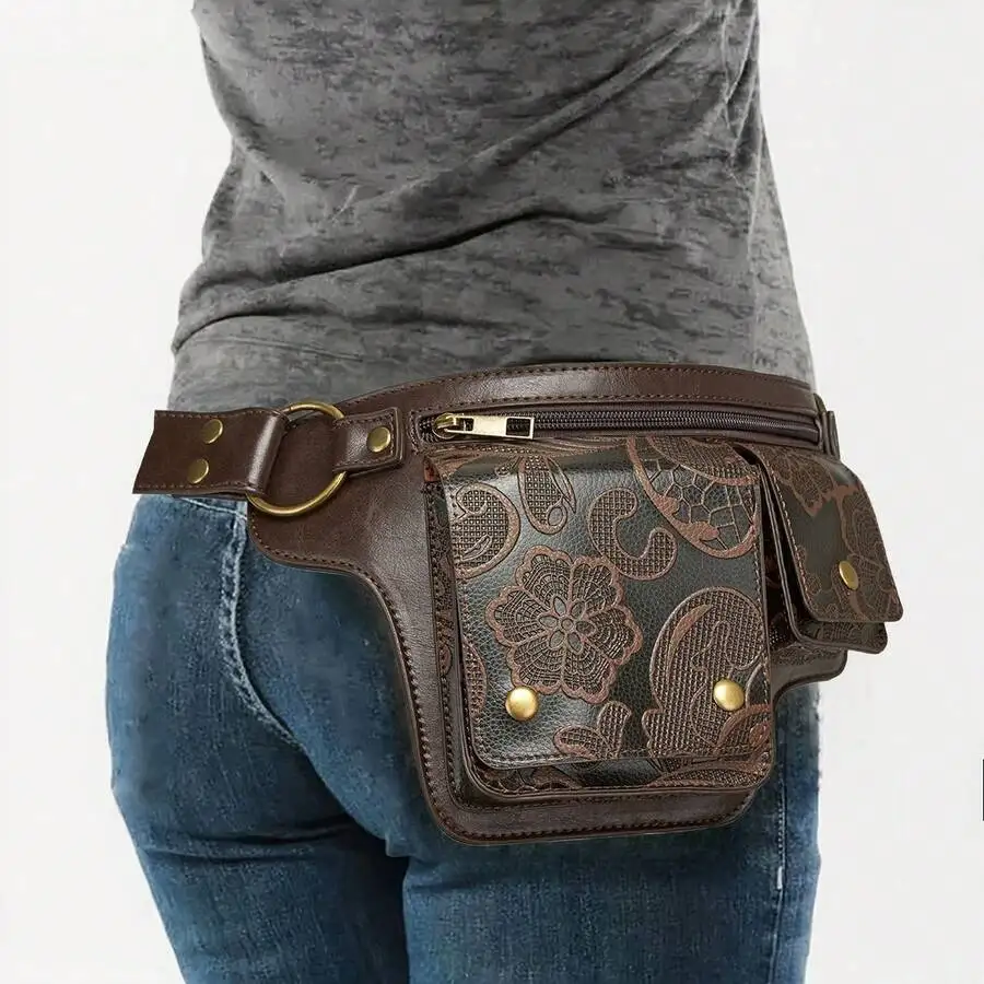 

Retro Rivet Faux Leather Chest Bag Women Adjustable Belt Waist Pack Multi Compartments Daily