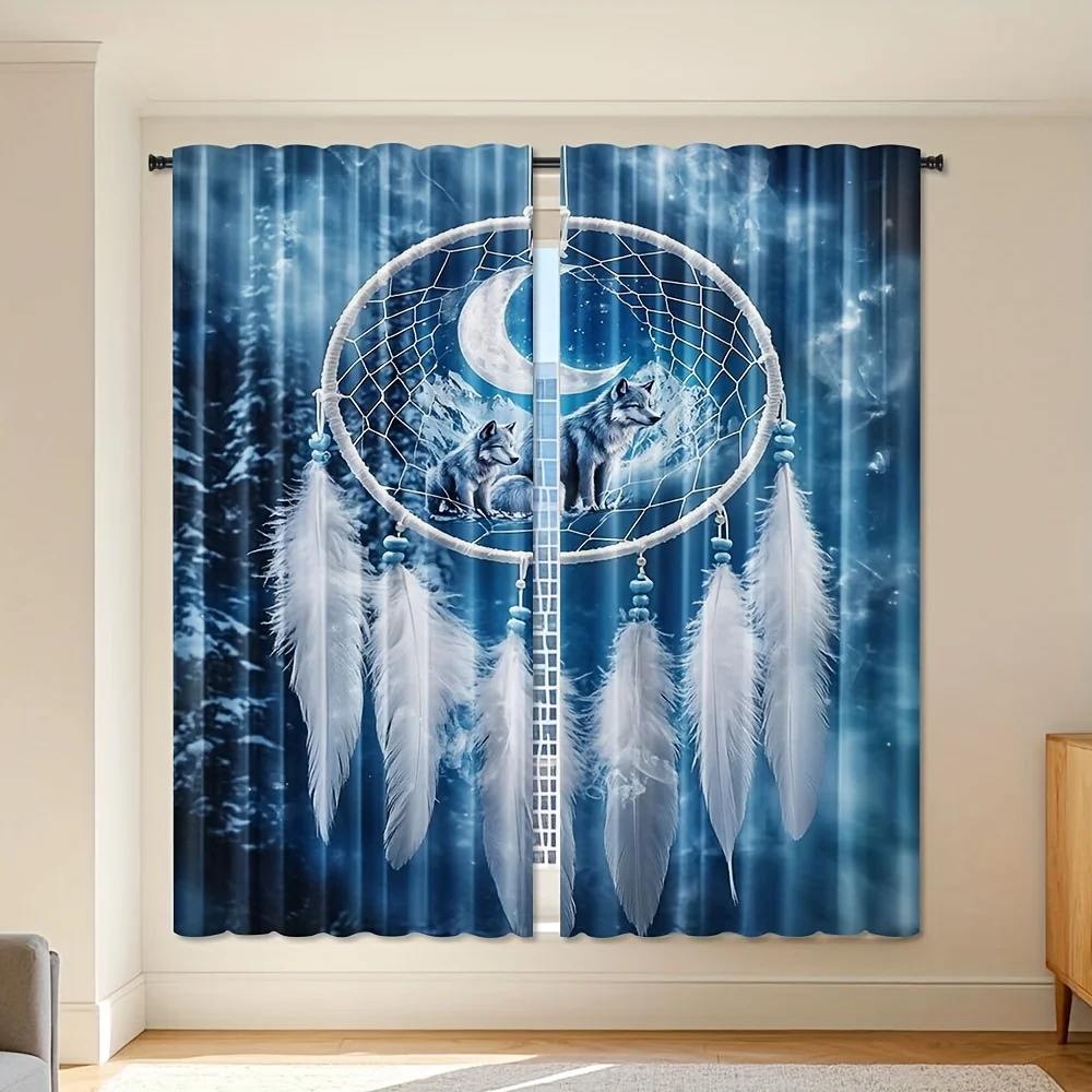 2pcs Bohemian Wolf & Snowy Mountain Dream Catcher Curtains - Digital Print, Polyester, Semi-Transparent, Machine Washable, Conte