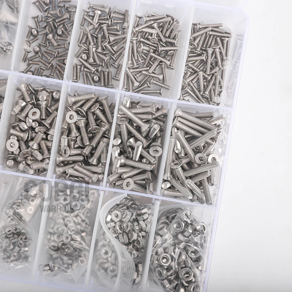 Flat Head Hex Socket Cap Screws Bolts Assortment Kit M1.6 M2 M2.5 M3 M4 M5 M6 M8 M10 35-2600p 4-50 mm Stainless Steel Screw Nuts