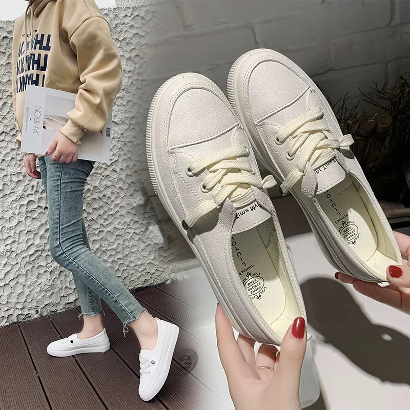 

2024 New Women Leather Sneakers White Flat Casual Shoes Lace-up Comfortable Walking Shoes High Quality Ladies Sports Footwear