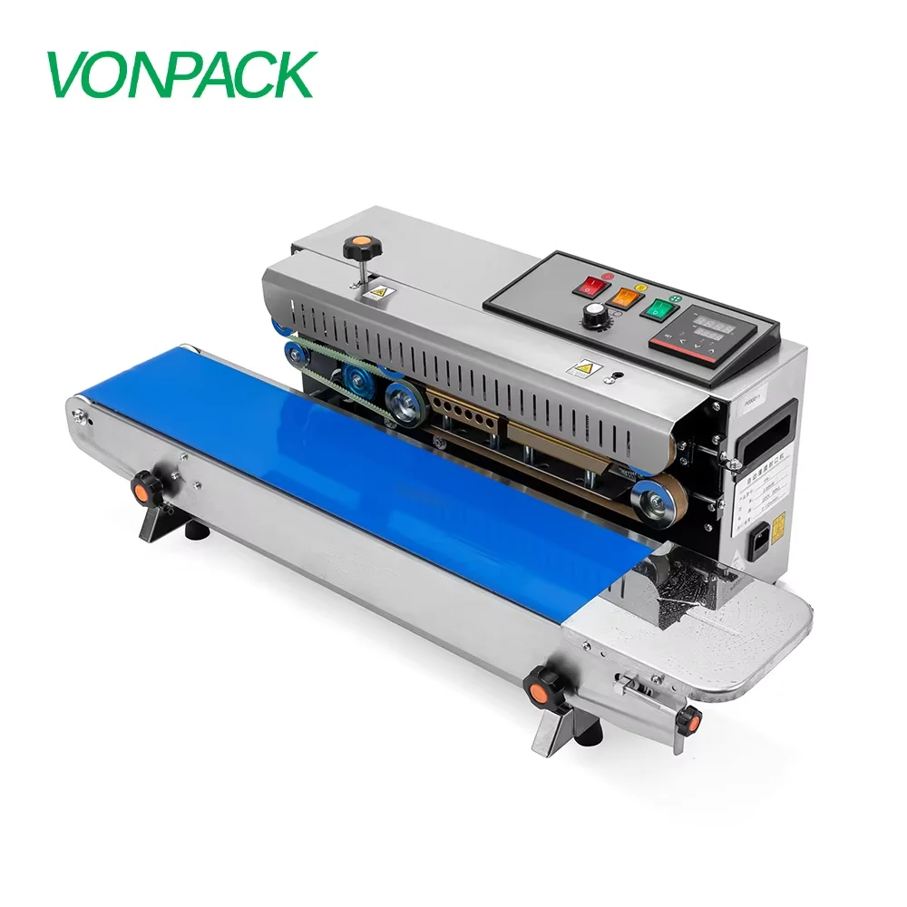 VONPACK FR-900 آلة ختم شريط الفولاذ المقاوم للصدأ المستمر مصنع أفقي فيلم بلاستيكي جهاز غلق أكياس الطعام مع توقف الطوارئ