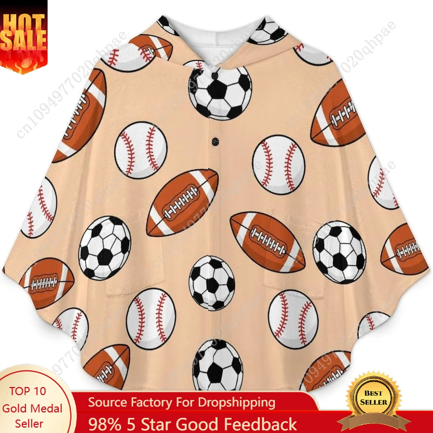 아늑한 플란넬 담요 스웨터, 스포츠 공 패턴의 포켓이 있는 오버사이즈 후드티, 어린이 및 청소년용