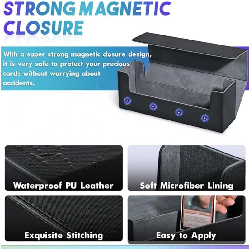 Boîte de Rangement Carte Magic, Magnetic Deck Box 4 en 1 cuir PU pour plus de 200 cartes, Trading Card Storage Box avec 2 séparateurs pour TCG MTG YuGioh Magic the Gathering