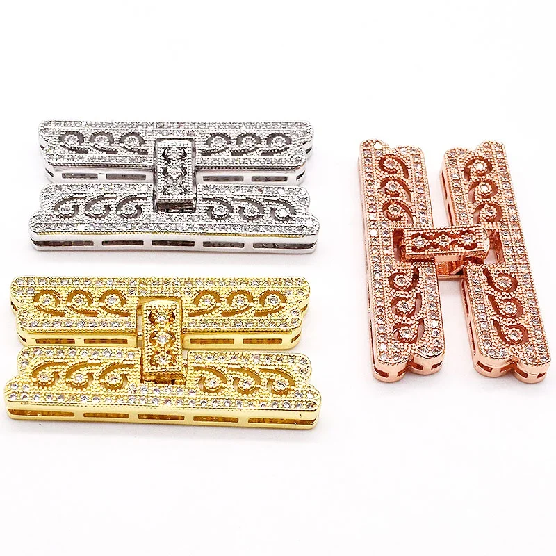 

2pcs High Quality 18x36mm 18k Gold Plated Clear CZ Micro Pave 4 Strand Clasp For Jewelry Making