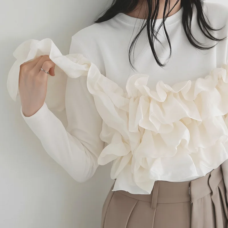 

Autumn New Long Sleeve Causal Women's Top 2025 Fashion Ruffle Chic T-shirt