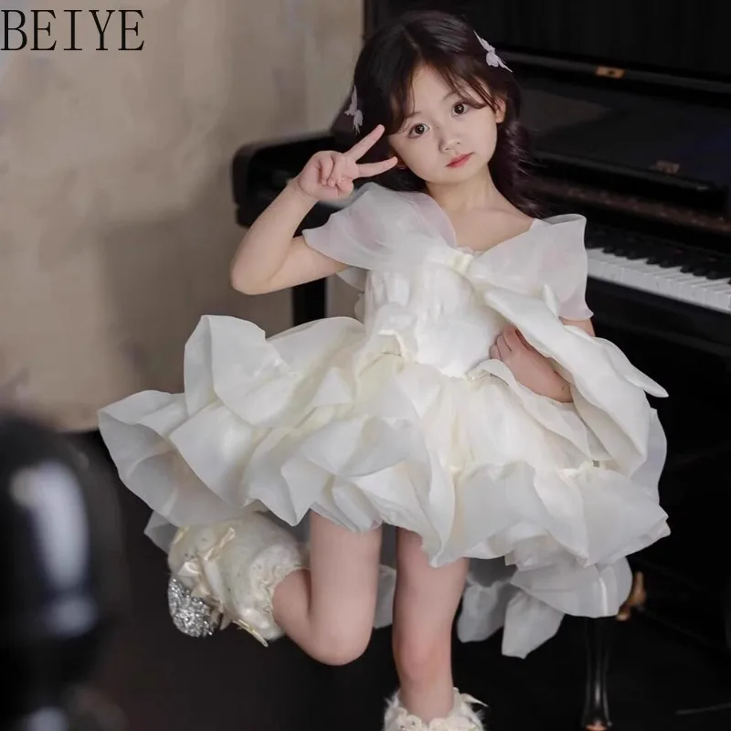 Large Bow Organza Kids Party Dress White Voluminous Ruffle Tulle Dress Toddler Girl Pageant Wedding Flower Girl Short Gown