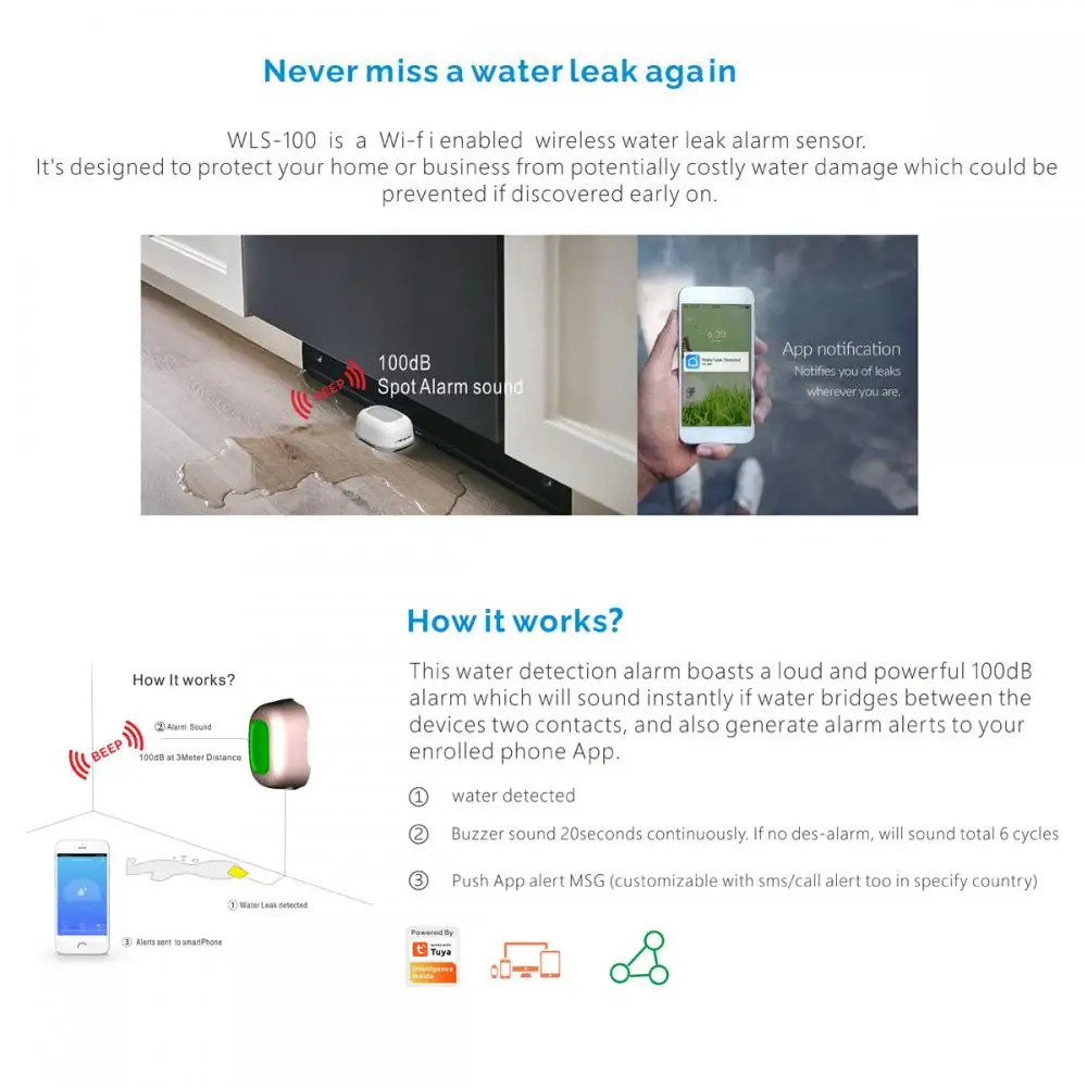 

Wifi Water Leakage Alarm Sensor Flood Detector WIFI Overflow Flood Alert Leakage Alarm Tuya Home Security Alarm Detector