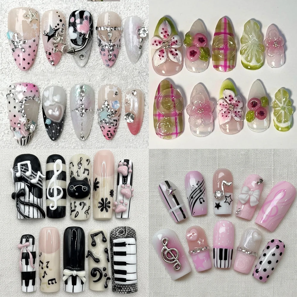 

10Pcs Handmade Y2K Note Dots 3D Flower Press On Nails Hand-Drawn Striped Stars Almond Square Shape Can Customize Fake Nails