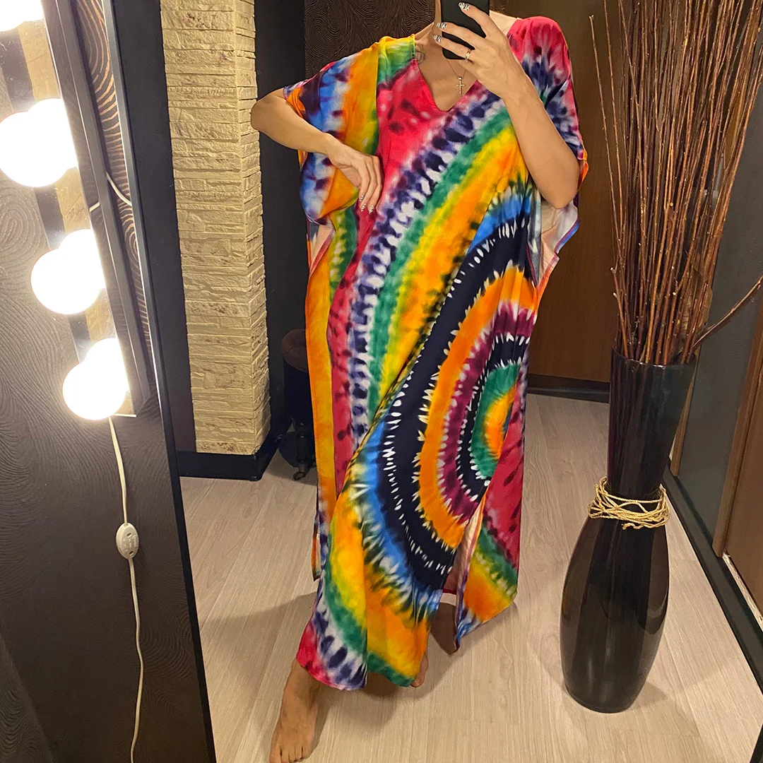 2026 Neues Buntes Kaftan-Tunika Strandkleid Strandmode Strandüberwurf Locker Sitzendes Maxikleid für Damen V4428 – Detail 3