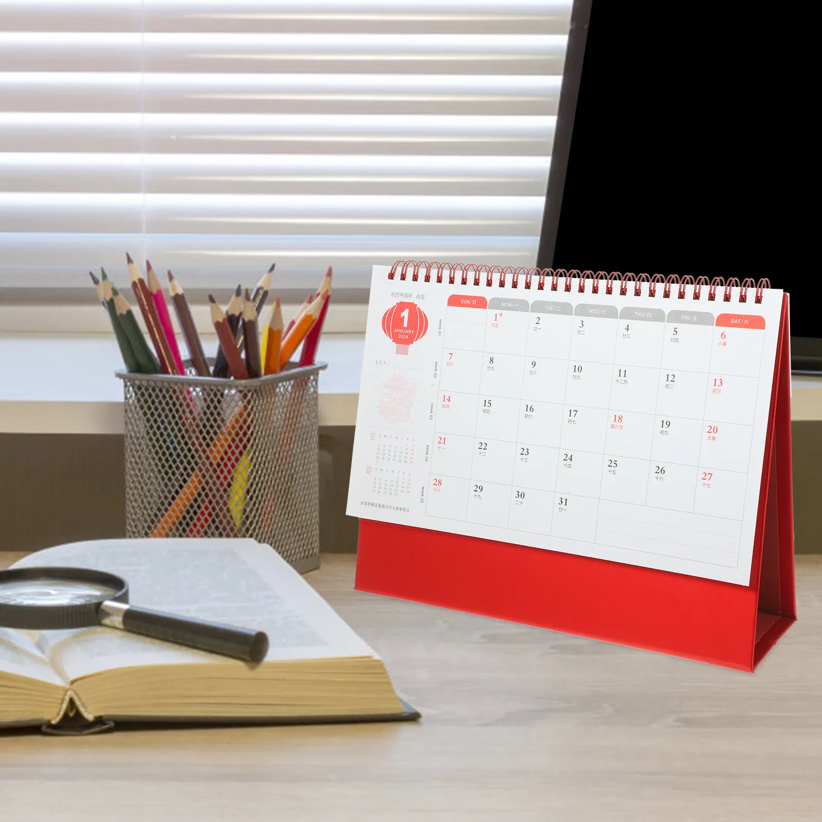 

Chinese Lunar Calendar New Year Traditional Decorative Monthly Red Desk of China Aesthetic Style Mini Desktop Planner