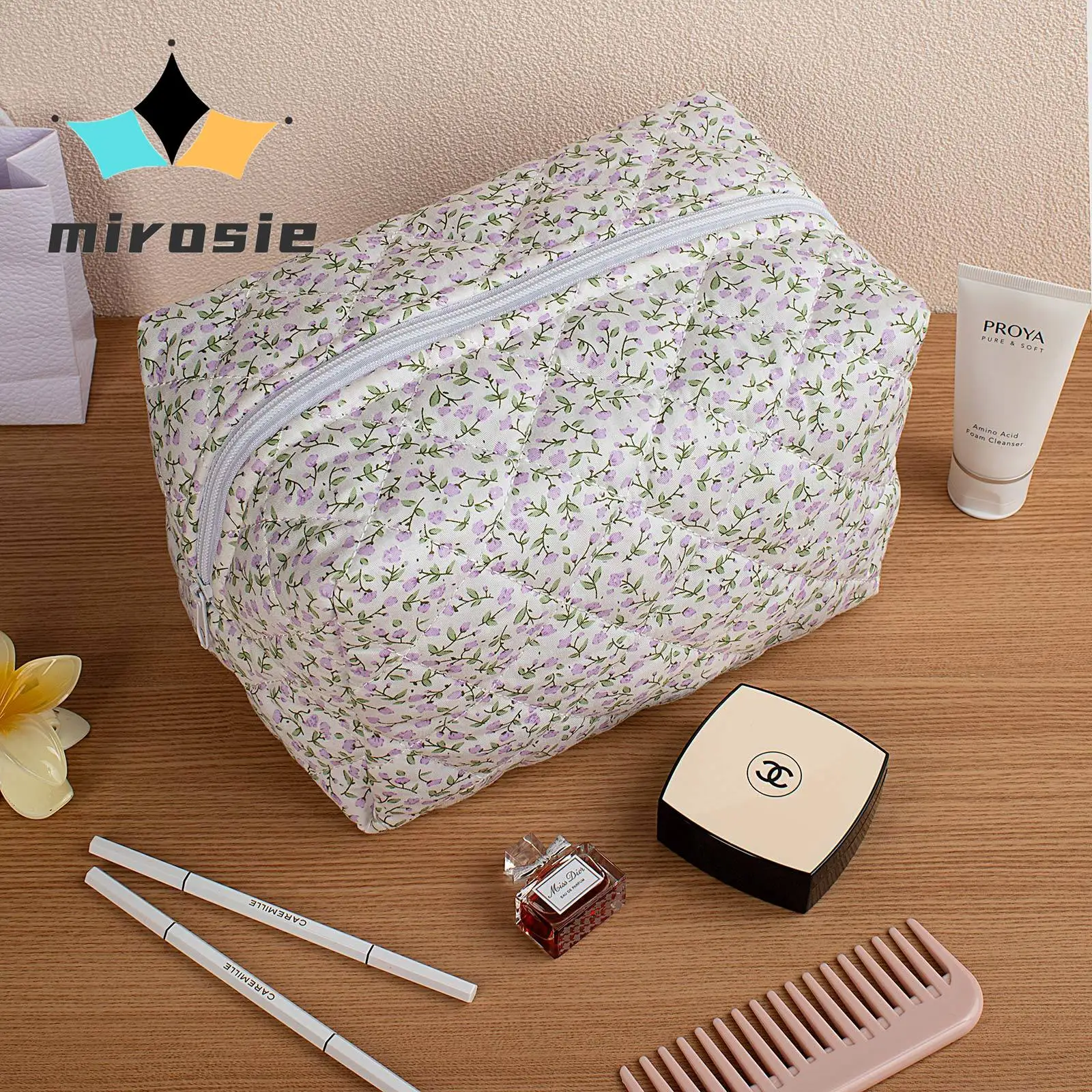 MIROSIE-Purple Floral Makeup Bag with Zipper, Portable Travel Skincare Storage Pouch for Women, Makeup Organizer Bag, Big Size