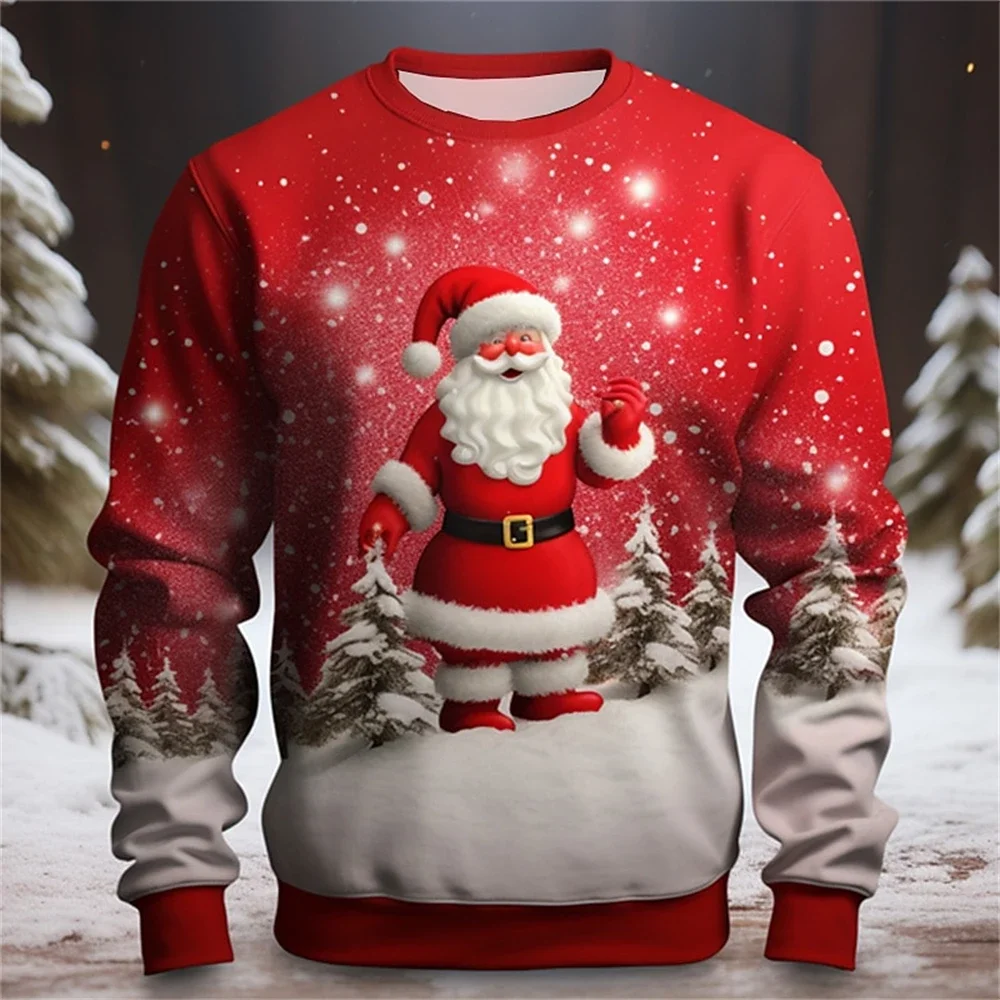 2025 New Santa Claus Fashion Daily Casual Men's 3D Printed Hoodie Christmas Sports Shirt Red Rose Drak Red Round Neck Printed Ex