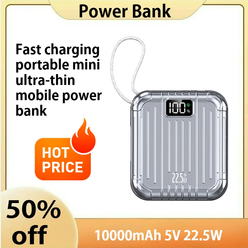 

10000mAh 5V 22.5W Ultra Slim Power Bank with Built in Cable Fast Charging Portable Mini