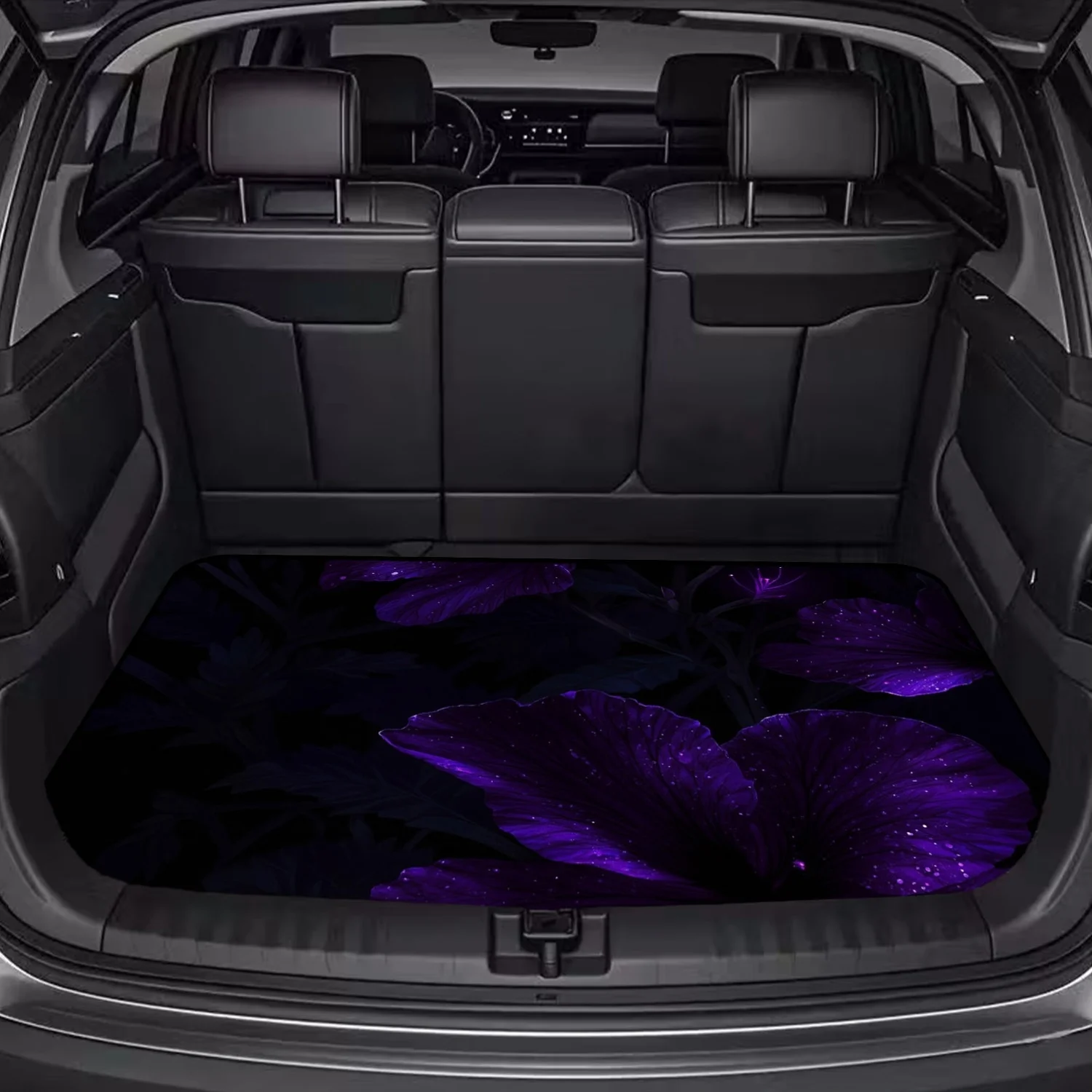 Car Trunk Mat, Black Background Dark Purple Glowing Hibiscus Flower Print Cargo Liner, Non-Slip Rear Trunk Protector, Women Car decor, Car Accessories, Interior Decoration Mat, Universal Fit For SUV Sedan T