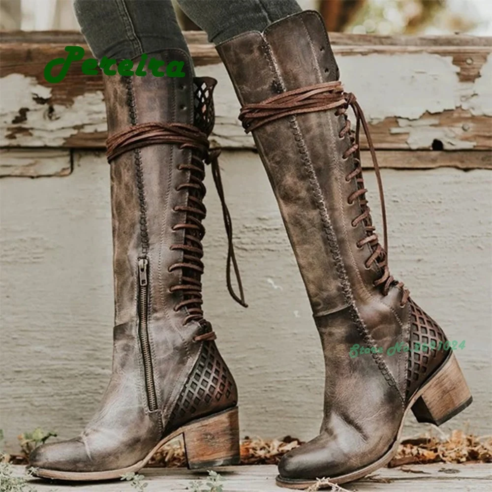 Vintage Cowboy Lace Up Men's Boots Gladiator Round Toe Cross Tied Chunky Heels Men's Casual Shoes Plus Size 43 Leather Street