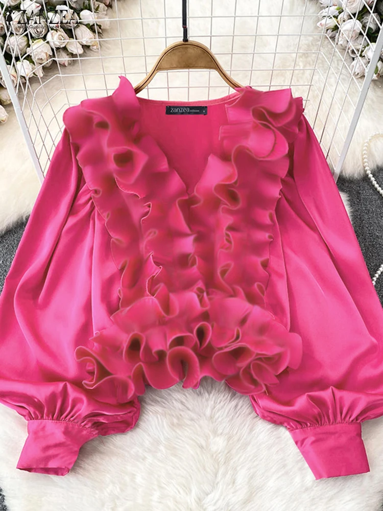ZANZEA 2024 Vintage Shirts Women American Fashion Tops Casual Loose Solid V-neck Blouse Chic Lantern Long Sleeve Ruffles Tunic