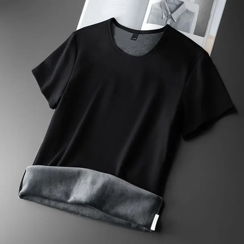 Men Thermal Underwear Tops Fleece Thickened Short Sleeve Slim Round Neck Bottom Shirt Velvet Comfortable Warm Solid Pullover