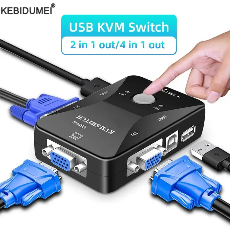 USB KVM Switch Switcher 2/4Port VGA Switch Splitter 1920*1440 VGA Video Switch untuk perangkat USB Keyboard Mouse Monitor Adapter