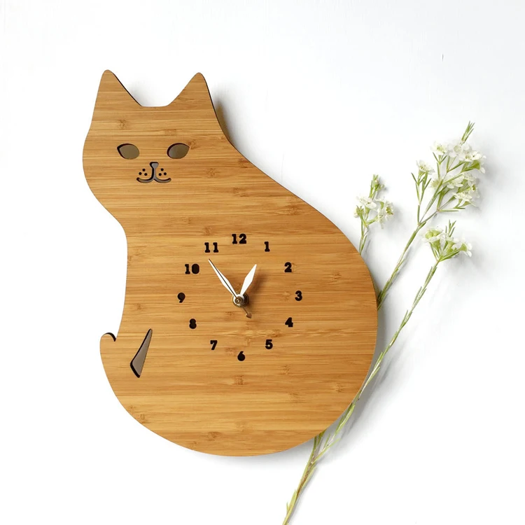 Cute Kitten Bamboo Wall Clock - Quartz Movement, Creative Design for Children's Bedroom & Home Decoration