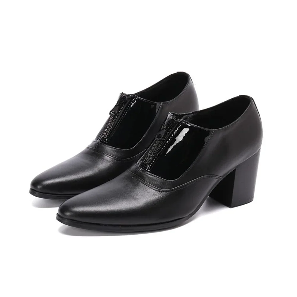 Zapatos de cuero con cremallera negra y punta estrecha con tacones altos y ropa formal informal de negocios para hombre