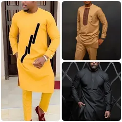 2023 New Luxury Men's Suit Shirt and Pants Set of 2 Clothing Crew Neck Solid Color Festive Long Sleeves African Ethnic Style