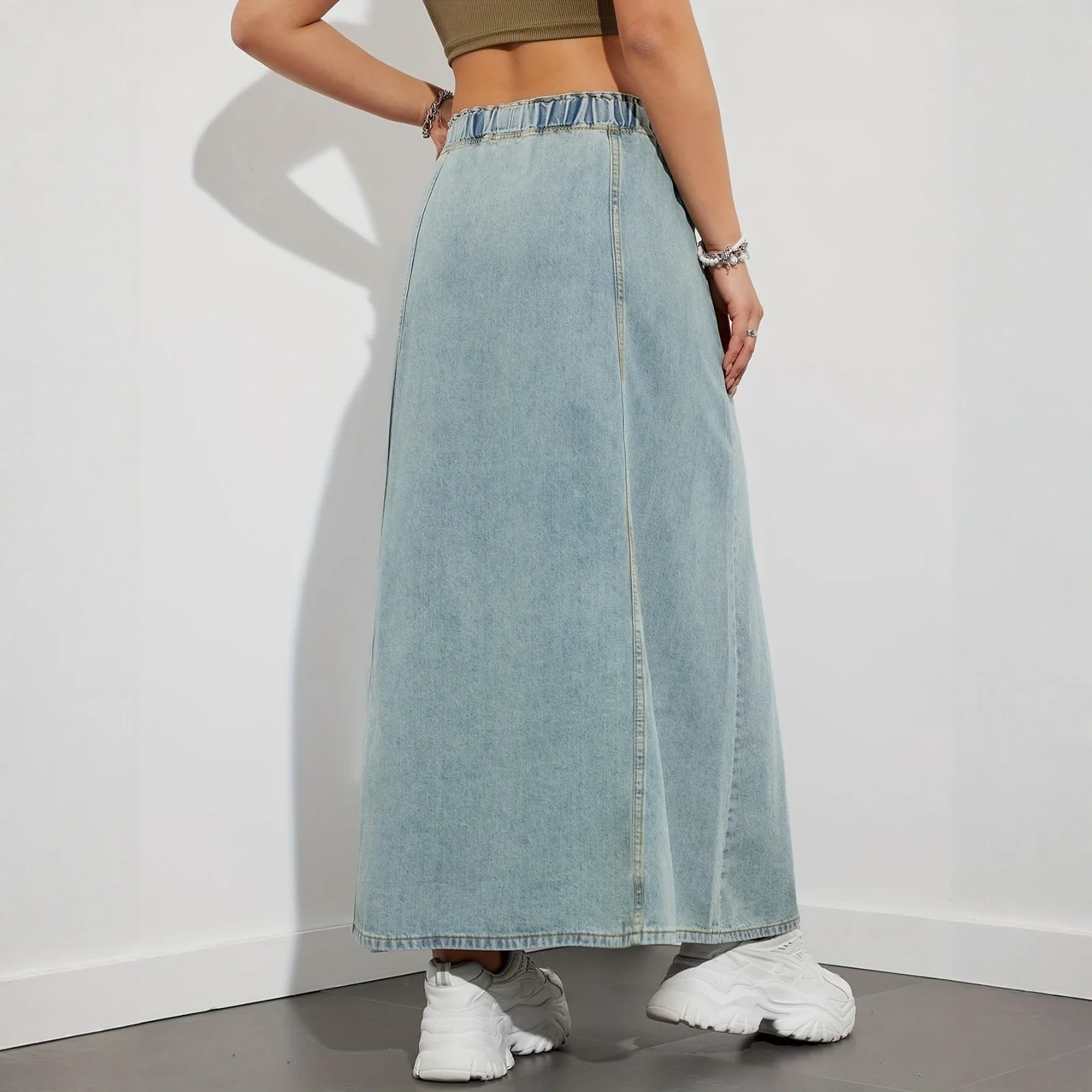 

Solid Color Clothing Ladies New Women'S Casual Elastic High Waist Loose A-Line Long Flared Denim Skirt Ladies Clothes Saia
