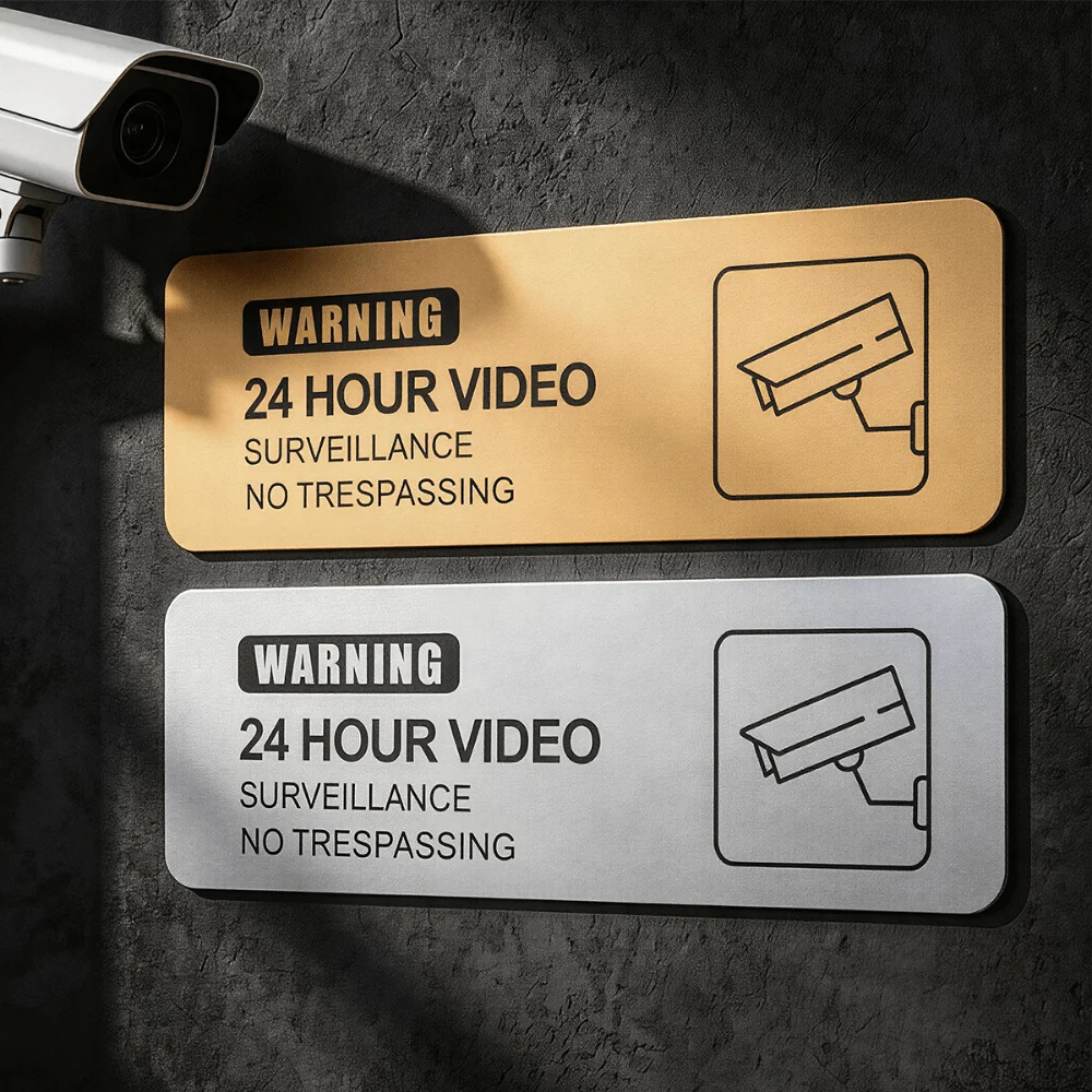 24 Hour Video Surveillance Warning Sign, Double Color Gold Silver Acrylic No Trespassing Security Notice Plaque for Store Mall view 6