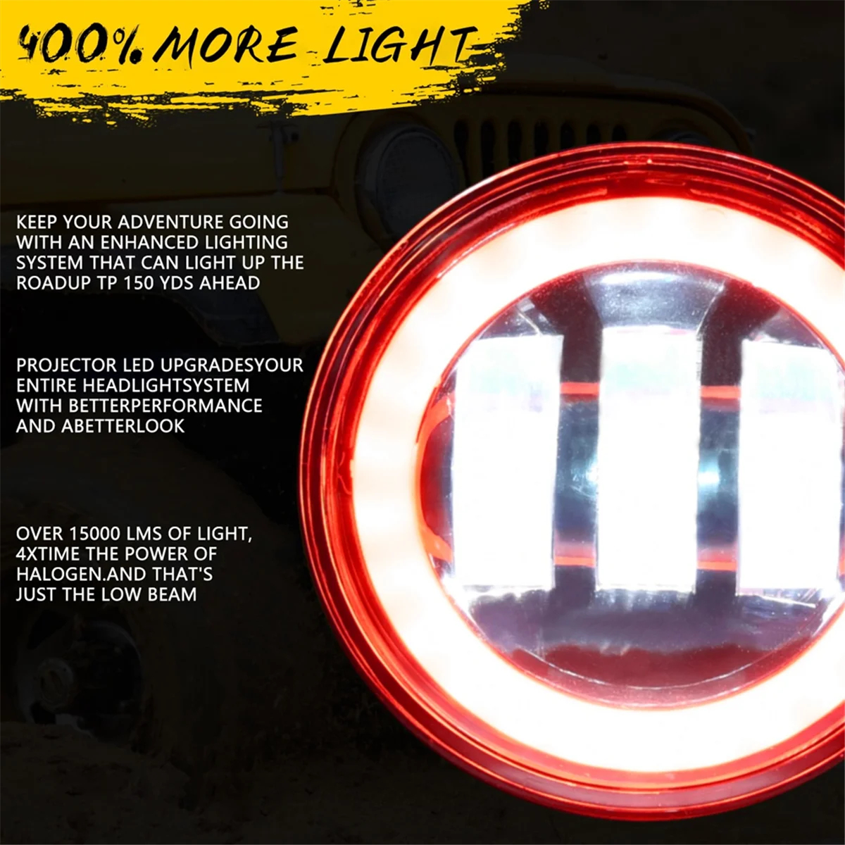 4 Inch LED Fog Lights Halo Ring Work Light for Jeep Wrangler JK, with Red DRL Yellow Turn Signal (Red+Yellow+White)