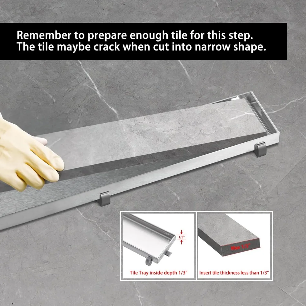 استنزاف دش خطي مقاس 48 بوصة مع خافي من البلاط وألواح مصقولة 2 في 1 من الفولاذ المقاوم للصدأ 304، استنزاف دش إدخال البلاط