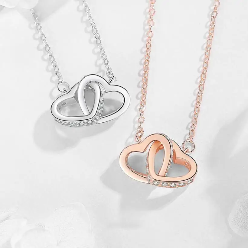 Fashion 925 Sterling Silver Necklace Pendant Rose Gold Double Heart Crystal Pendant For Women Korean Jewelry With Chain Gift