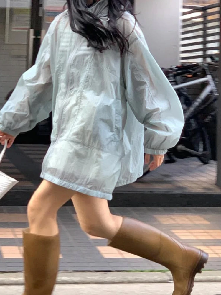 

Lightweight Loose Women's Summer Windbreaker Sun Protection Semi-Transparent Thin Outerwear Long Sve Collar Zipper