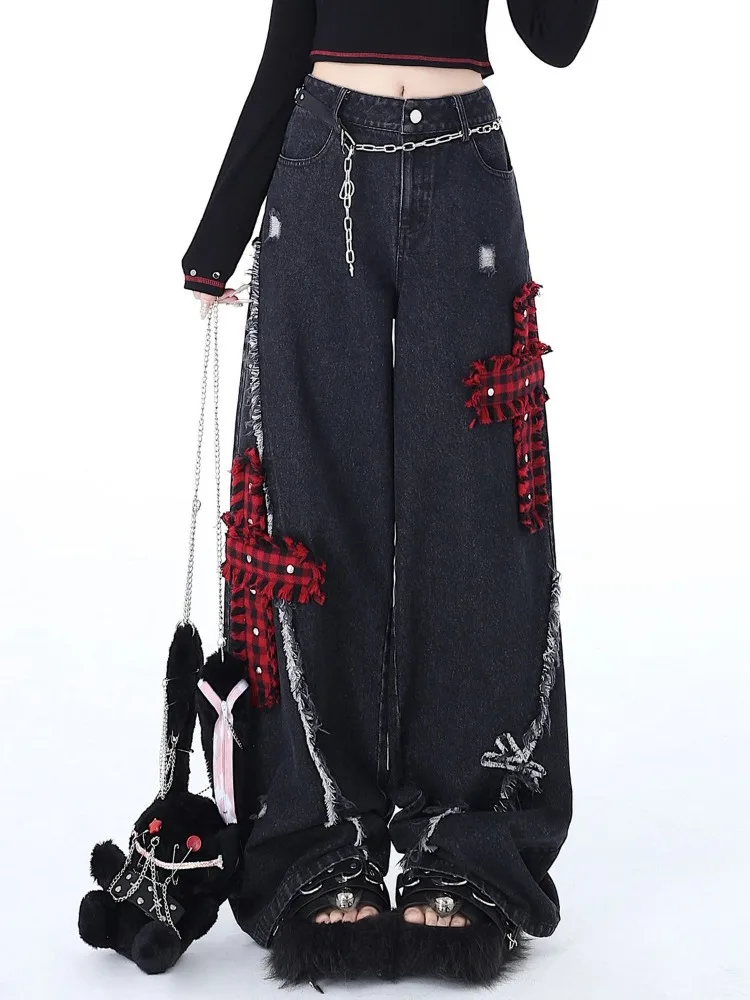 Rock Punk Hole Straight Wide Leg Jeans for Women Y2k High Waist Loose   Pants 2024 New Embroidery  Trousers