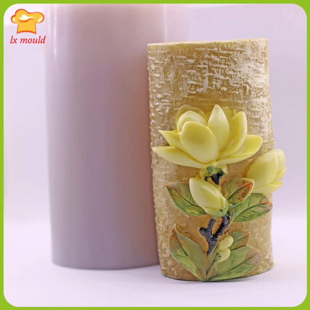 3D Magnolia Cylinder Silicone Candle Mould Valentine Wedding Trunk Flowers Cylinder DIY Handmade Soap Mold