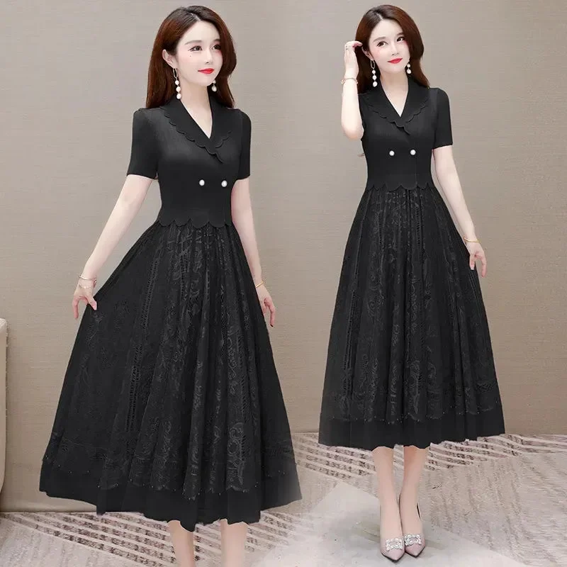 Anzug Kragen Patchwork Spitze Mesh Hohl Gefaltete Lange Kleid Frauen Sommer Neue Gefälschte Zwei-stück Damen Party Abendkleider vestidos