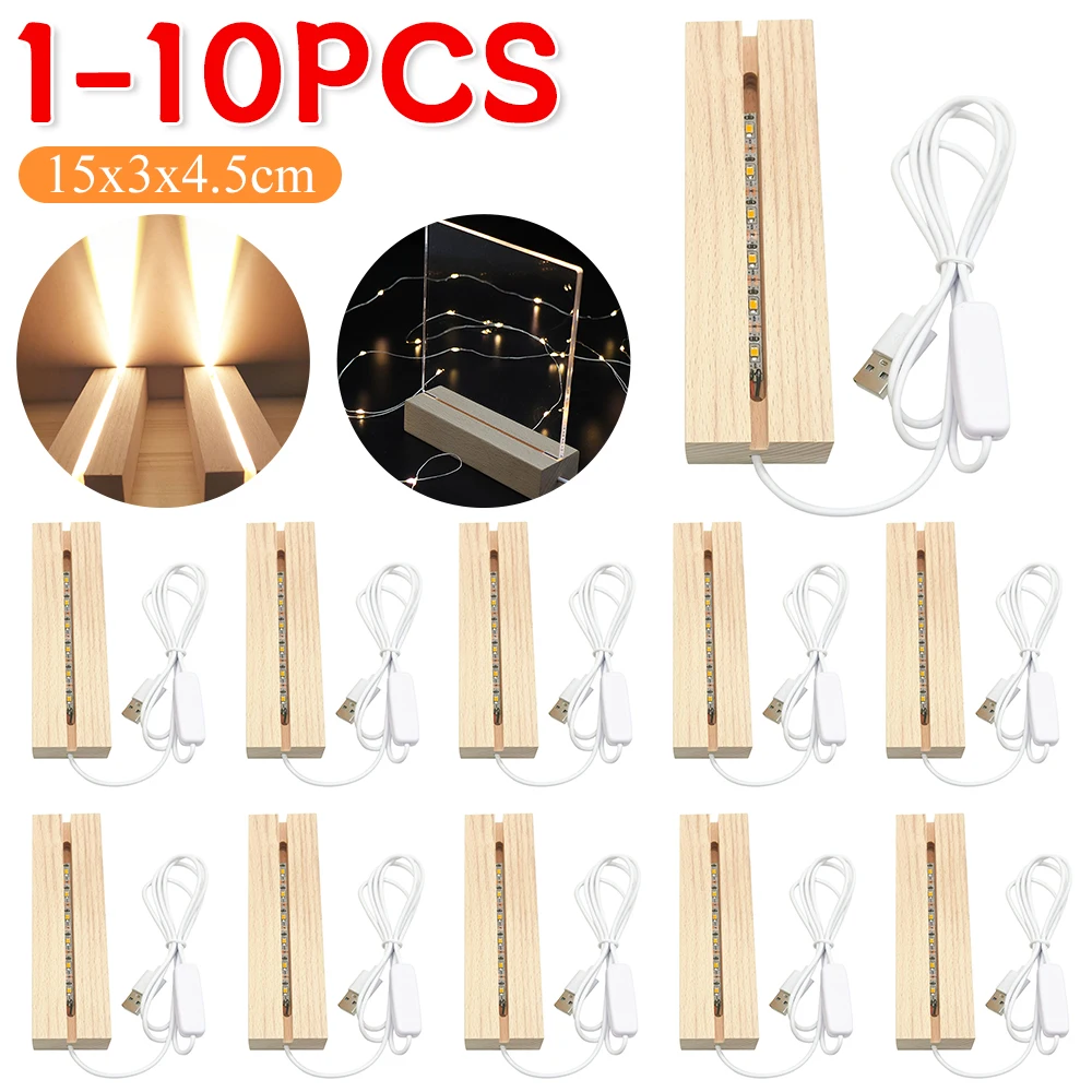 1-10PCS LED Wood Light Display Crystal Wooden Lighted Base Stand Acrylic Light Plate Base USB Wooden Base for Resin Art Lights