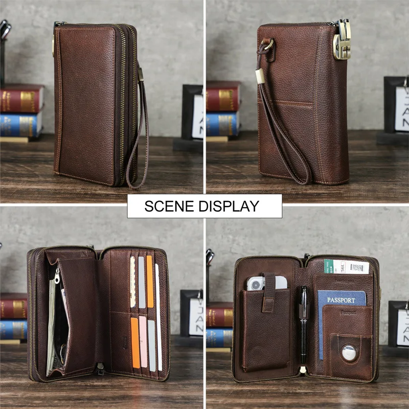 Litchi Patterned Cow Leather RFID Anti-theft Metal Double Zipper Combination Lock Travel Passport Bag  Clutch Bag Long Wallet